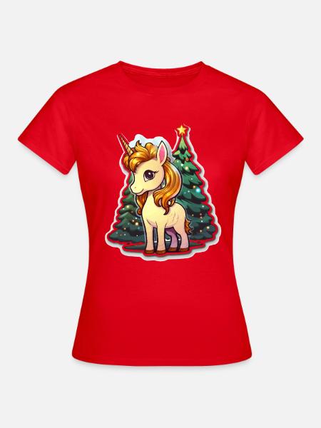Weihnachts-Einhorn im Lichterwald - Frauen T-Shirt - Rot