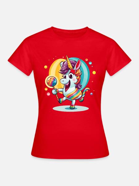 Regenbogen-Einhorn mit Lutscher - Frauen T-Shirt - Rot