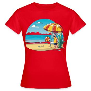 Strandurlaub Cartoon mit Sonnenschirm - Frauen T-Shirt - Rot - Vorne - AI Model Female 172 dark (172cm)