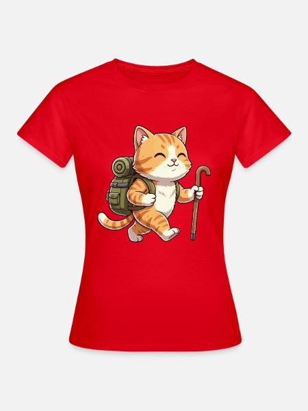 Niedliche Wanderkatze-Kätzchen-Trekkingkunst - Frauen T-Shirt - Rot
