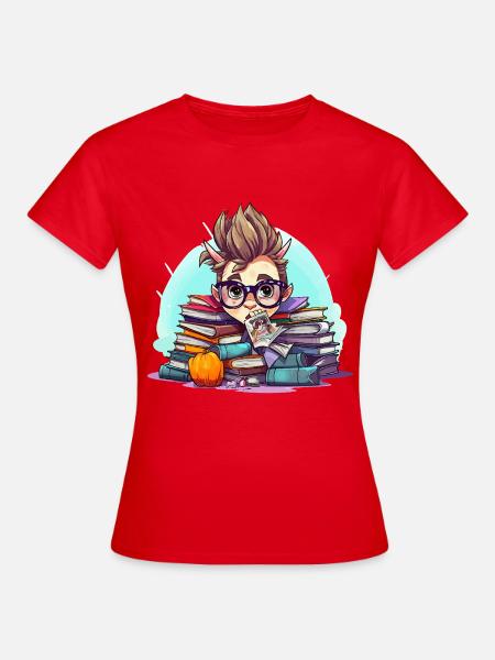 Büchernerd im Bücherstapel - Frauen T-Shirt - Rot