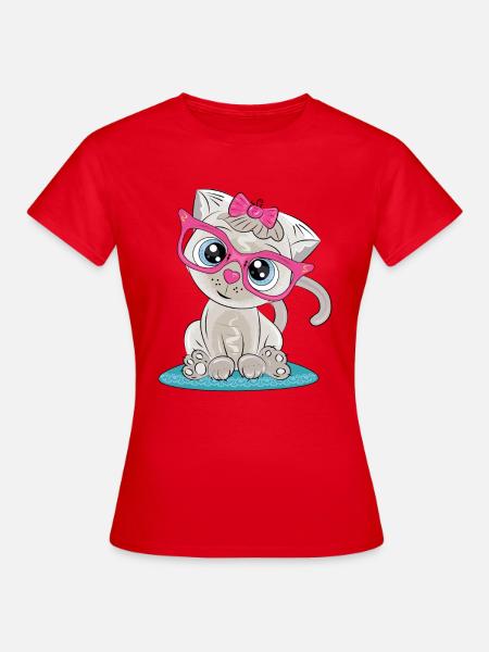 Kätzchen mit rosa Brille und Schleife - Frauen T-Shirt - Rot