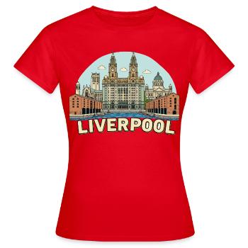 Liverpool Albert Dock Liver Building Retro-Skizze - Frauen T-Shirt - Rot - Vorne - AI Model Female 172 dark (172cm)