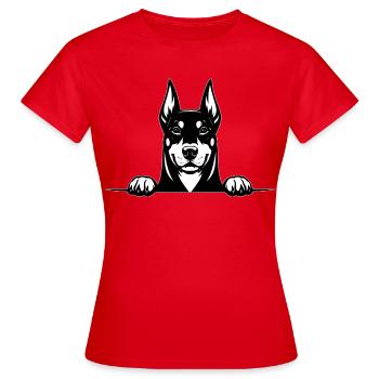 Dobermann mit Pfoten in Schwarz Weiß - Frauen T-Shirt - Rot - Vorne - AI Model Female 172 dark (172cm)