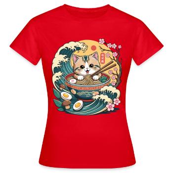 Süße Katze 電麺 Ramen-Bowl Wellen Sakura Sonnenuntergang - Frauen T-Shirt - Rot - Vorne - AI Model Female 172 dark (172cm)