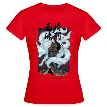 Moonlit Dragon Maiden Silk Kimono with kitsune  - Women's T-Shirt - red - Front - AI Model Female 172 dark (172cm)