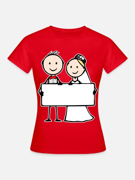 Hochzeitspaar Cartoon mit Schild - Frauen T-Shirt - Rot