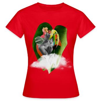Surreale exotische Collage mit Papagei und Blättern - Frauen T-Shirt - Rot - Vorne - AI Model Female 172 dark (172cm)