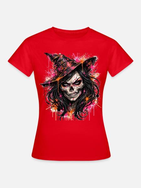 Hexen – Schädelhexe Neon - Frauen T-Shirt - Rot