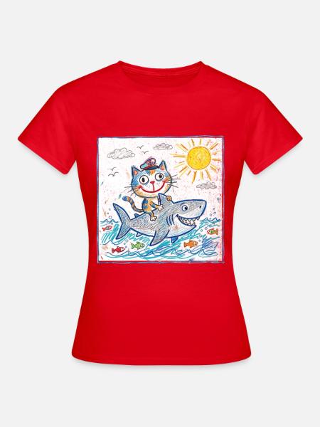 Katze reitet Haifisch - Frauen T-Shirt - Rot