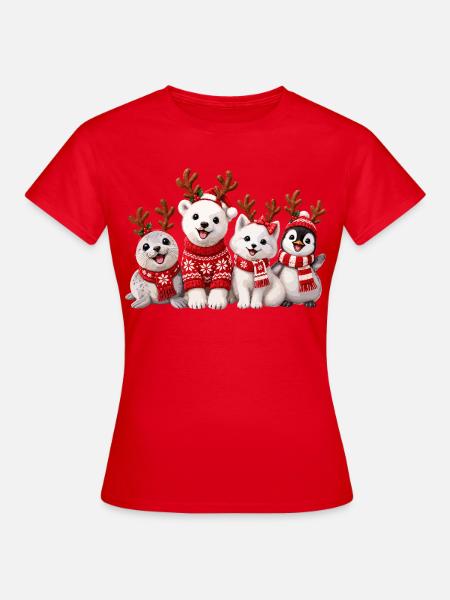 Fröhliche Weihnachtstiere mit Rentiergeweih - Frauen T-Shirt - Rot