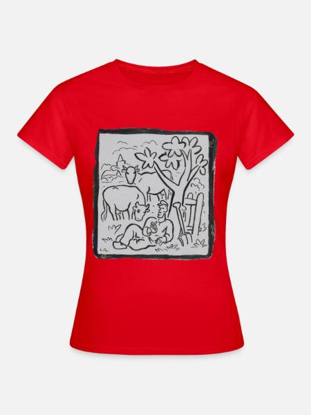 Farmer_Resting_with_Cows_Linocut_Art - Frauen T-Shirt - Rot