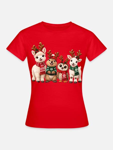 Lustige Weihnachtstiere mit Rentiergeweih - Frauen T-Shirt - Rot