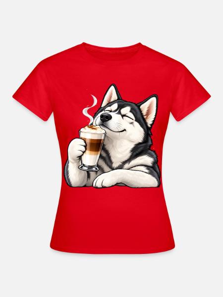 Husky mit Latte Macchiato – Kaffeepause - Frauen T-Shirt - Rot