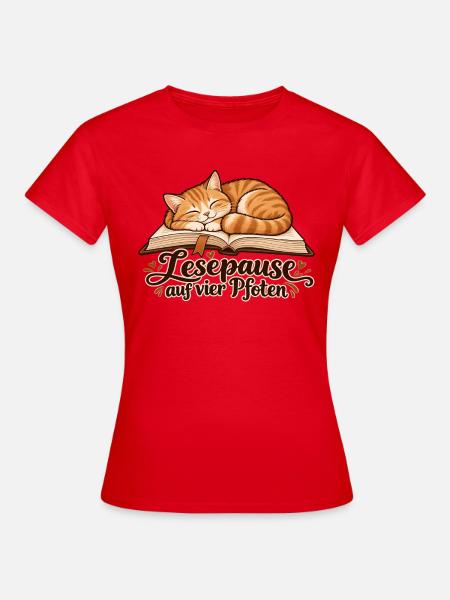 Katze auf dem Buch: Lesepause auf vier Pfoten - Frauen T-Shirt - Rot