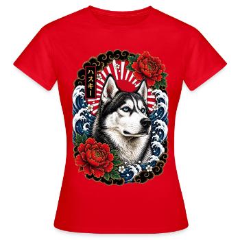 Siberian Husky im japanischen Irezumi Stil - Frauen T-Shirt - Rot - Vorne - AI Model Female 172 dark (172cm)