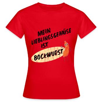 My favorite vegetable is Bockwurst 1- Sausage - Women's T-Shirt - red - Front - AI Model Female 172 dark (172cm)