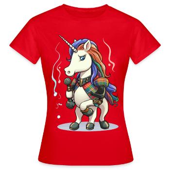 Einhorn mit Mikro auf bunter Plaid-Bühne - Frauen T-Shirt - Rot - Vorne - AI Model Female 172 dark (172cm)