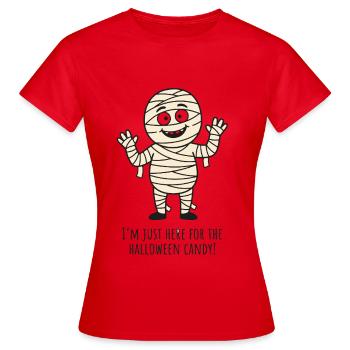 Hier für die Halloween-Süßigkeiten-Mumie – Lustiges Kind - Frauen T-Shirt - Rot - Vorne - AI Model Female 172 dark (172cm)