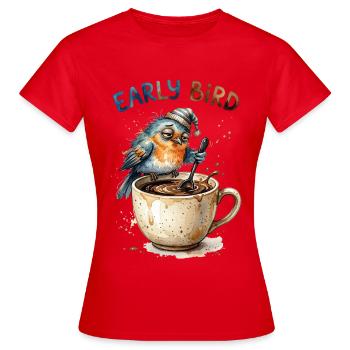 Early Bird Tired Grumpy Coffee Bird Cartoon Art - Women's T-Shirt - red - Front - AI Model Female 172 dark (172cm)