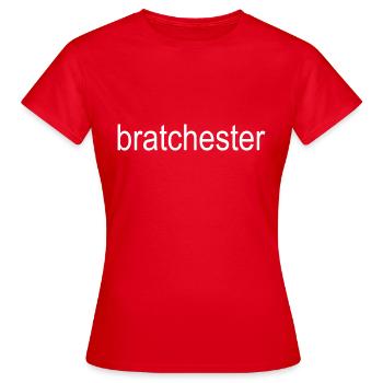 bratchester white text 5000 - Women's T-Shirt - red - Front - AI Model Female 172 dark (172cm)