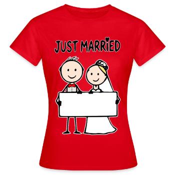 Wedding Couple Cartoon Sign Just Married - Women's T-Shirt - red - Front - AI Model Female 172 dark (172cm)