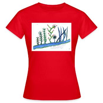 img815 .--- Rio Jerte .. "Juncos y Flores" - T-shirt Femme - rouge - Devant - AI Model Female 172 dark (172cm)