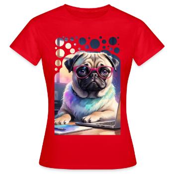 Bureau Chien Carlin avec Ordinateur Portable et Lunettes Roses Pop Art - T-shirt Femme - rouge - Devant - AI Model Female 172 dark (172cm)
