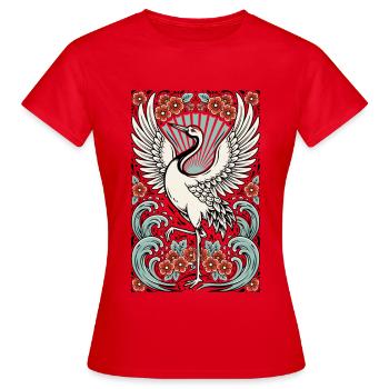 Kranich mit Blumen und Wellen - Frauen T-Shirt - Rot - Vorne - AI Model Female 172 dark (172cm)