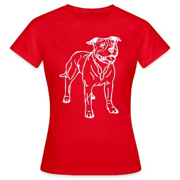 stafford © - www.dog-power.nl - Frauen T-Shirt - Rot - Vorne - AI Model Female 172 dark (172cm)