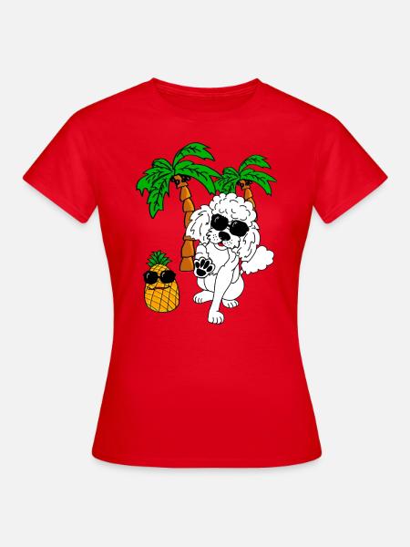 Summer motif white poodle under palm trees - Women's T-Shirt - red