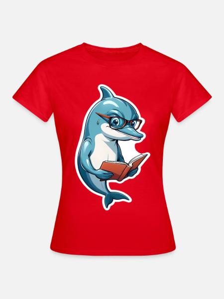 Schlauer Delfin mit Buch - Frauen T-Shirt - Rot