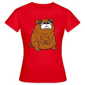 Pug dog sits small begging dick looks sad - Women's T-Shirt - red - Front - AI Model Female 172 dark (172cm)