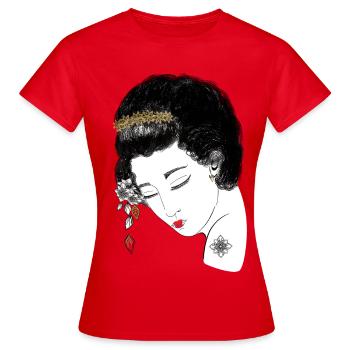 Japan Geisha , Blütenkrone Porträt in Gold,  - Frauen T-Shirt - Rot - Vorne - AI Model Female 172 dark (172cm)