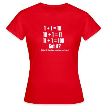 1 + 1 = 10. 10 + 1 = 11. 11 + 1 = 100. Verstanden? - Frauen T-Shirt - Rot - Vorne - AI Model Female 172 dark (172cm)