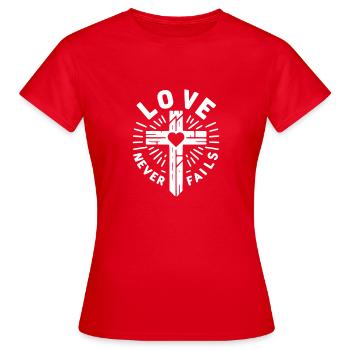 Love Never Fails - Women's T-Shirt - red - Front - AI Model Female 172 dark (172cm)