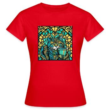 Katze mit einem Becher - Frauen T-Shirt - Rot - Vorne - AI Model Female 172 dark (172cm)