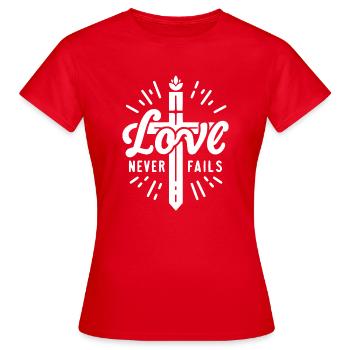 Love Never Fails - Women's T-Shirt - red - Front - AI Model Female 172 dark (172cm)