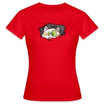 Cat looks out of the hole - cats - comic - Women's T-Shirt - red - Front - AI Model Female 172 dark (172cm)