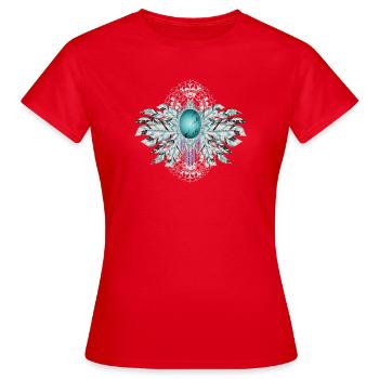 Kunstvolle Vogel Federn mit Türkis im Ethno Stil - Frauen T-Shirt - Rot - Vorne - AI Model Female 172 dark (172cm)