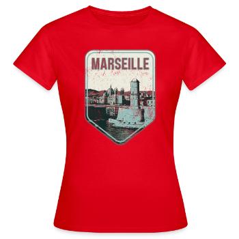 Badge retro, Marseille France est ma ville natale - T-shirt Femme - rouge - Devant - AI Model Female 172 dark (172cm)
