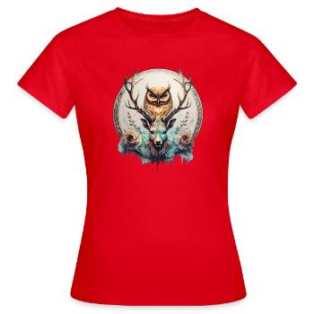 Owl and deer, a mystical alliance. - Women's T-Shirt - red - Front - AI Model Female 172 dark (172cm)