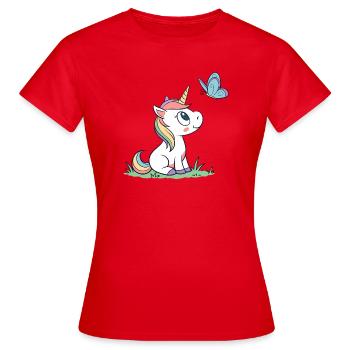 Süßes neugieriges Baby Einhorn und Schmetterling Magazin v01 - Frauen T-Shirt - Rot - Vorne - AI Model Female 172 dark (172cm)