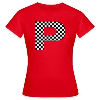 P – Checkerboard Typography Statement - Women's T-Shirt - red - Front - AI Model Female 172 dark (172cm)