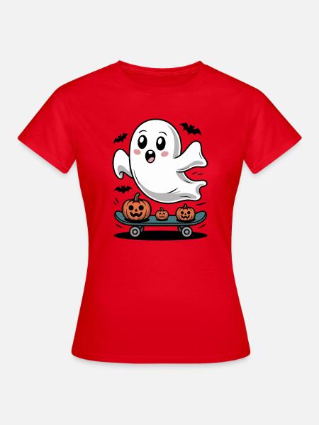 Gespenst auf Halloween-Skateboard - Frauen T-Shirt - Rot