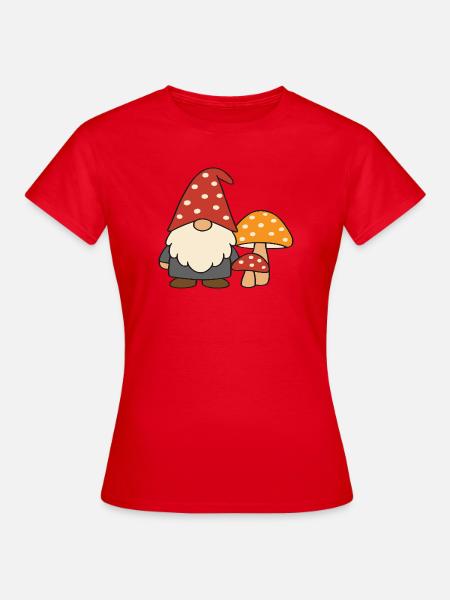 Herbstlicher Gartenzwerg-Wichtel mit Pilzen Motiv - Frauen T-Shirt - Rot