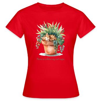 Home Is Where My Cat Naps – Aquarelle Art Plant - Women's T-Shirt - red - Front - AI Model Female 172 dark (172cm)