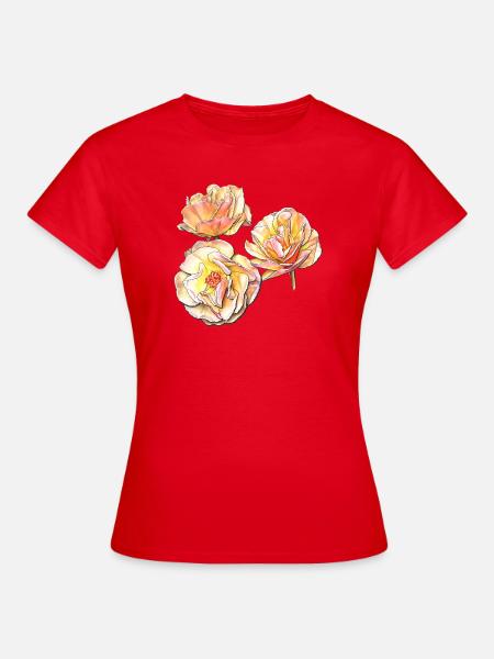 Drei gelbe rosa Rosenblüten Buntstiftzeichnung - Frauen T-Shirt - Rot