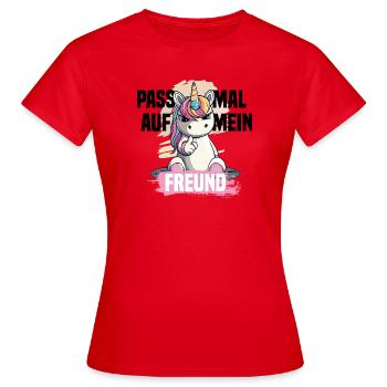 Naughty Unicorn – Watch out, my friend! - Women's T-Shirt - red - Front - AI Model Female 172 dark (172cm)