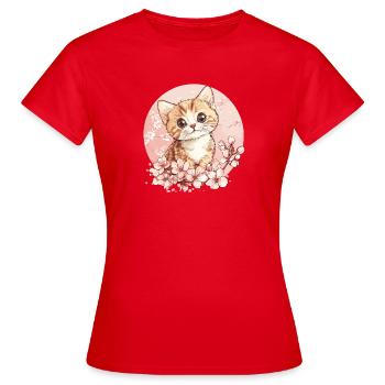 Kätzchen im Kirschblütenkreis - Frauen T-Shirt - Rot - Vorne - AI Model Female 172 dark (172cm)